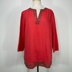 NWT Lafayette 148 Linen Red Top Beaded Blouse Popover Shirt Office Sz L Tunic